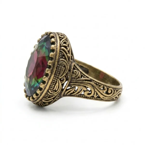 Mystic Topaz Oval Ring – Antique Gold Engraved Scroll Band Mens Ring