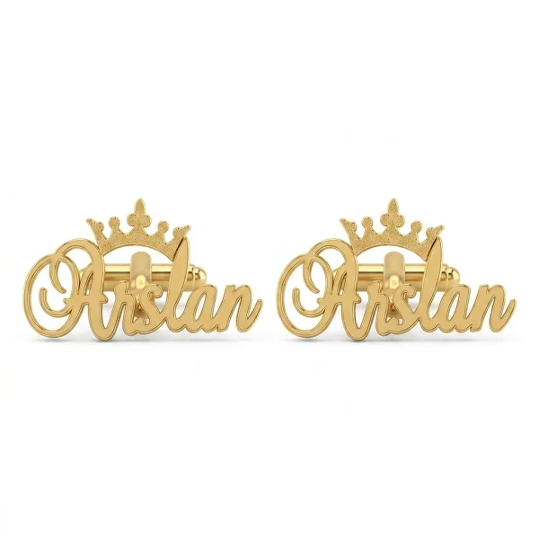 Custom Name Cufflinks for Men – Gold Cursive Script with Crown | Personalized Wedding Cufflinks for Groom