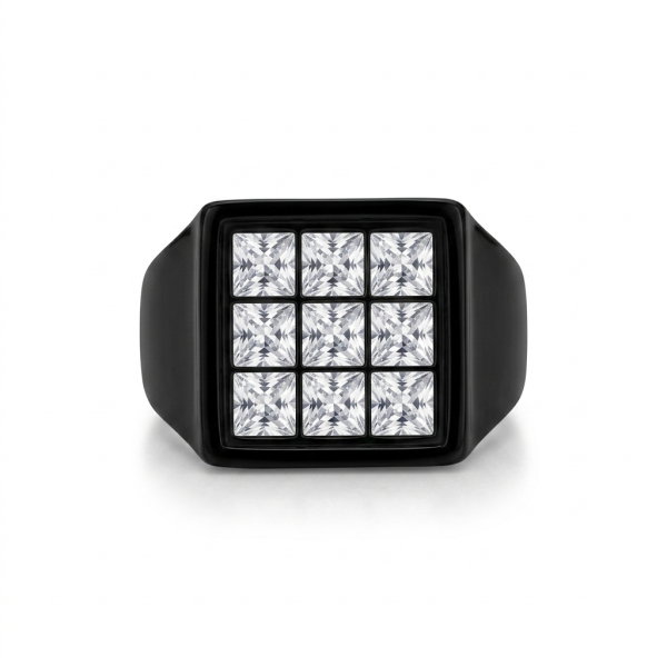 9-Stone White Crystal Grid Ring – Black Signet Men’s Ring