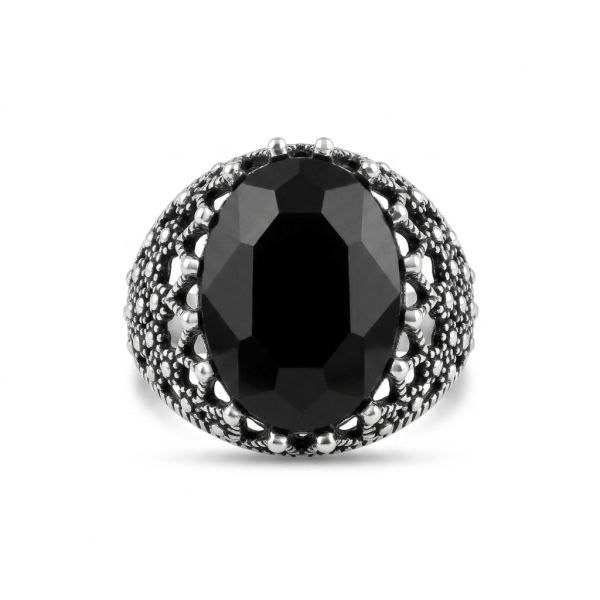 Black Onyx Oval Ring – Antique Silver Filigree & Beaded Band Mens Ring