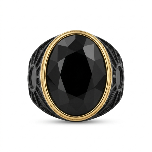 Black Onyx Oval Ring – Black & Gold Two-Tone Mens Statement Ring