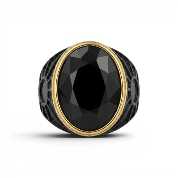 Black Onyx Oval Ring – Black & Gold Two-Tone Mens Statement Ring