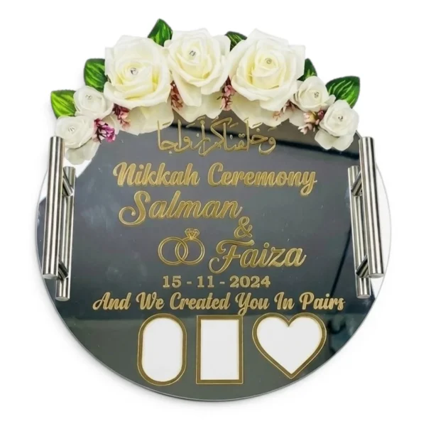 Custom Nikah Ceremony Decorative Mirror Plate with Flowers