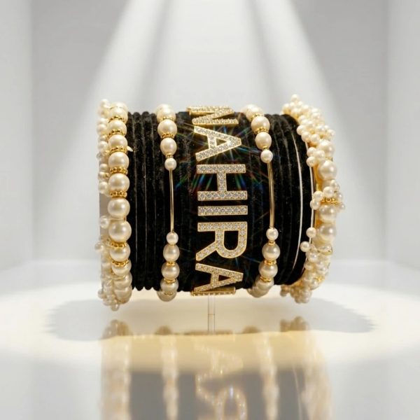 Custom Name Bangles – Black, Pearl & Gold Bridal Bangle Set