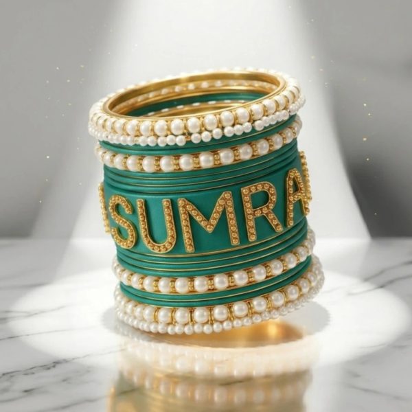 Custom Name Bangles – Black, Pearl & Gold Bridal Bangle Set