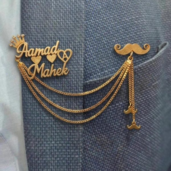 Custom Couple Name Groom Brooch with Chain