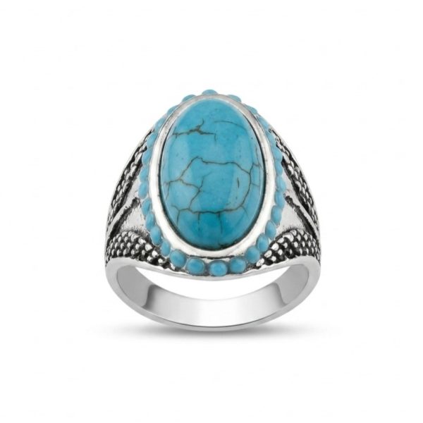 Turquoise Oval Cabochon Ring – Antique Silver Beaded Mesh Mens Ring