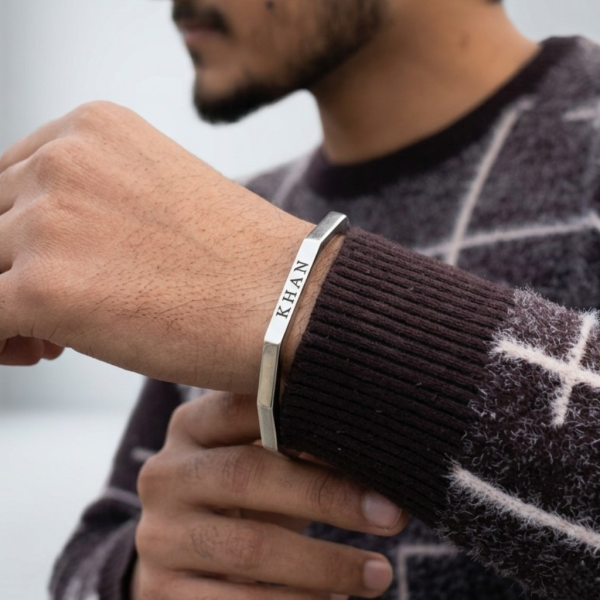 Personalized Geometric Steel Cuff – Matte Silver & Black Inlay Mens Bracelet