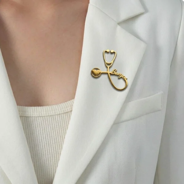 Custom Doctor Name Brooch – Gold Stethoscope Brooch with Name | Personalized Medical Brooch Gift for Doctors