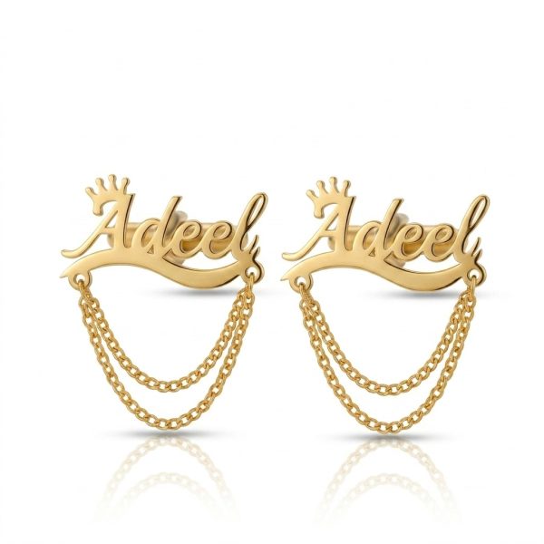 Custom Name Chain Cufflinks for Men – Gold Crown Script with Drape Chains | Luxury Personalized Groom Cufflinks
