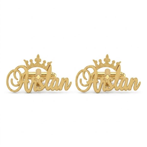 Custom Name Cufflinks for Men – Gold Cursive Script with Crown | Personalized Wedding Cufflinks for Groom