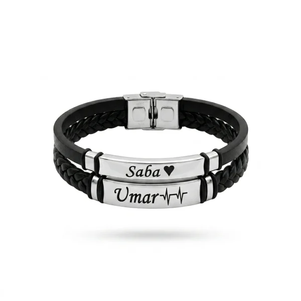 Dual-Layer Heartbeat Couple’s Bracelet – Black Leather & Silver ID Plates
