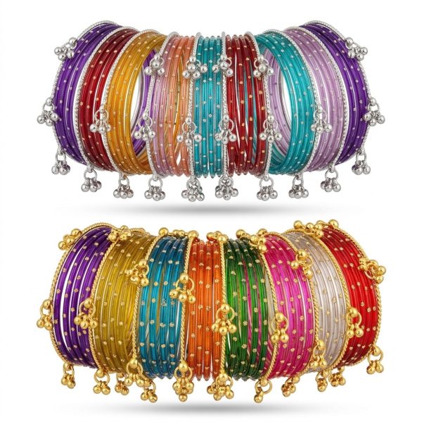 Kashmiri Bangles Set for Women – Multicolour Bell Charm Bangle Stack | Traditional Gold & Silver Pakistani Bangles