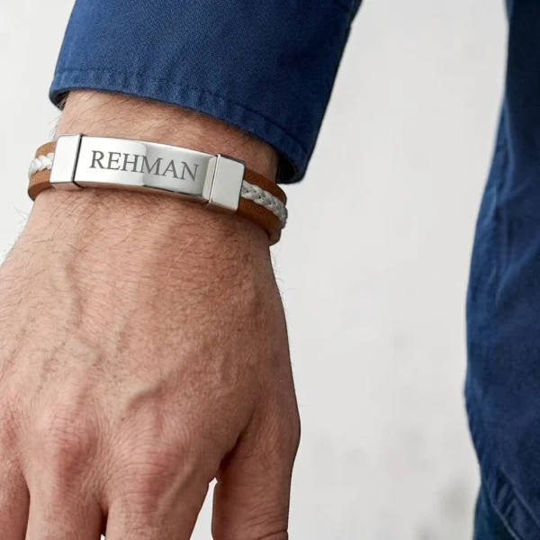 Braided Leather & Steel ID Bracelet – Tan & Silver Personalized Cuff