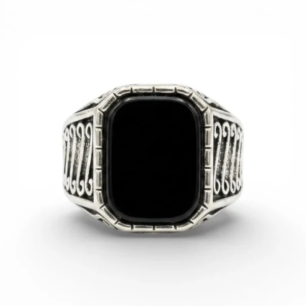 Black Onyx Antique Silver Signet Ring – Ornate Scroll Design