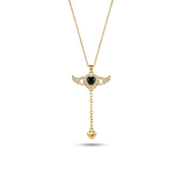 Angel Wing Y-Drop Heart Necklace Gold – Black Heart CZ with Pavé Wings & Gold Heart Drop | Women’s Gothic Romantic Necklace
