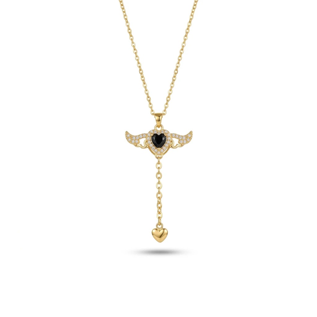 Angel Wing Y drop heart necklace