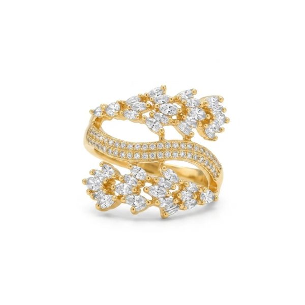 Floral Twist Wrap Ring Gold – Mixed Cut CZ Cluster Statement Ring | Women’s Bridal Cocktail Ring