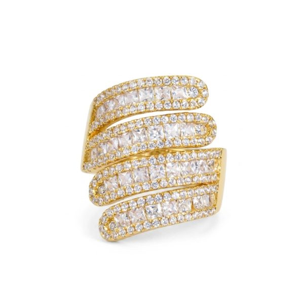 Four-Coil Spiral Wrap Ring Gold – Princess Cut & Pavé CZ Wide Statement Ring | Women’s Luxury Coil Ring