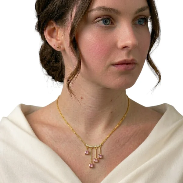 Gold Pink Zirconia Necklace – Fringe Bar Pendant with Princess Cut Stones | Delicate Layering Necklace