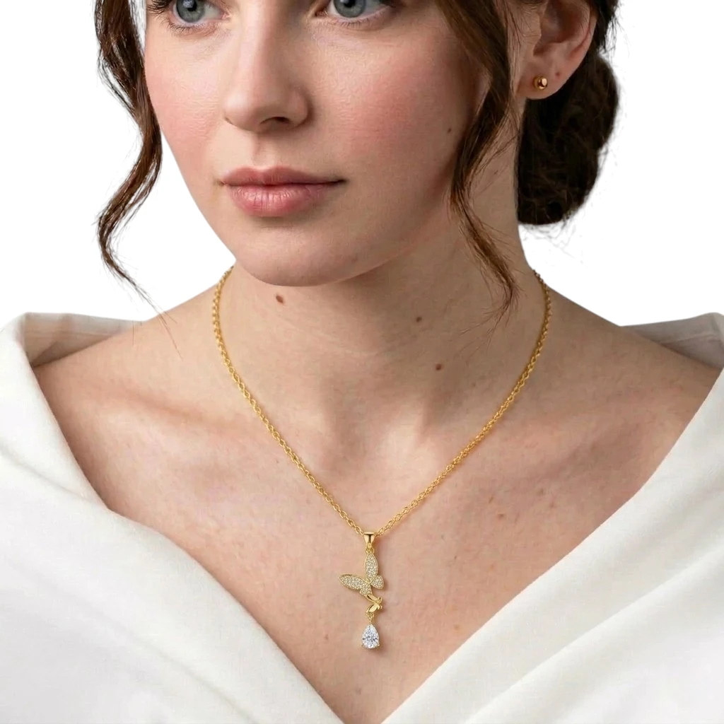 Gold Butterfly Necklace for Women – Double Butterfly Pendant with Teardrop Zirconia | Delicate Chain Necklace - Image 2
