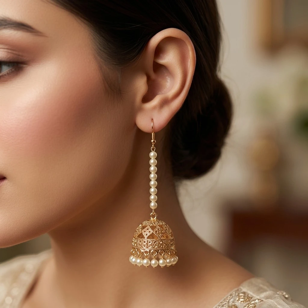 Ethnic Pearl Jhumka Earrings for Women – Gold Dome Shaped Long Drop Earrings | Traditional Pakistani Jewellery - Image 2