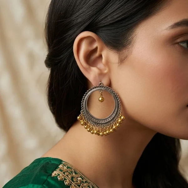 Oxidized Silver Chandbali Earrings – Two Tone Gold Plated Hoop Earrings | Traditional Hook Earrings Women