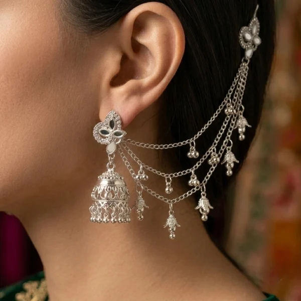 Silver Jhumka Earrings for Women – Filigree Dome Earrings with Chain Tassels | Oxidised Silver Traditional Jewellery