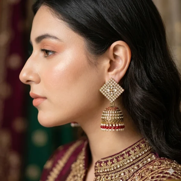 Gold Kundan Jhumka Earrings – Diamond Stud with Red Pearl Drops | Bridal Statement Earrings Pakistan