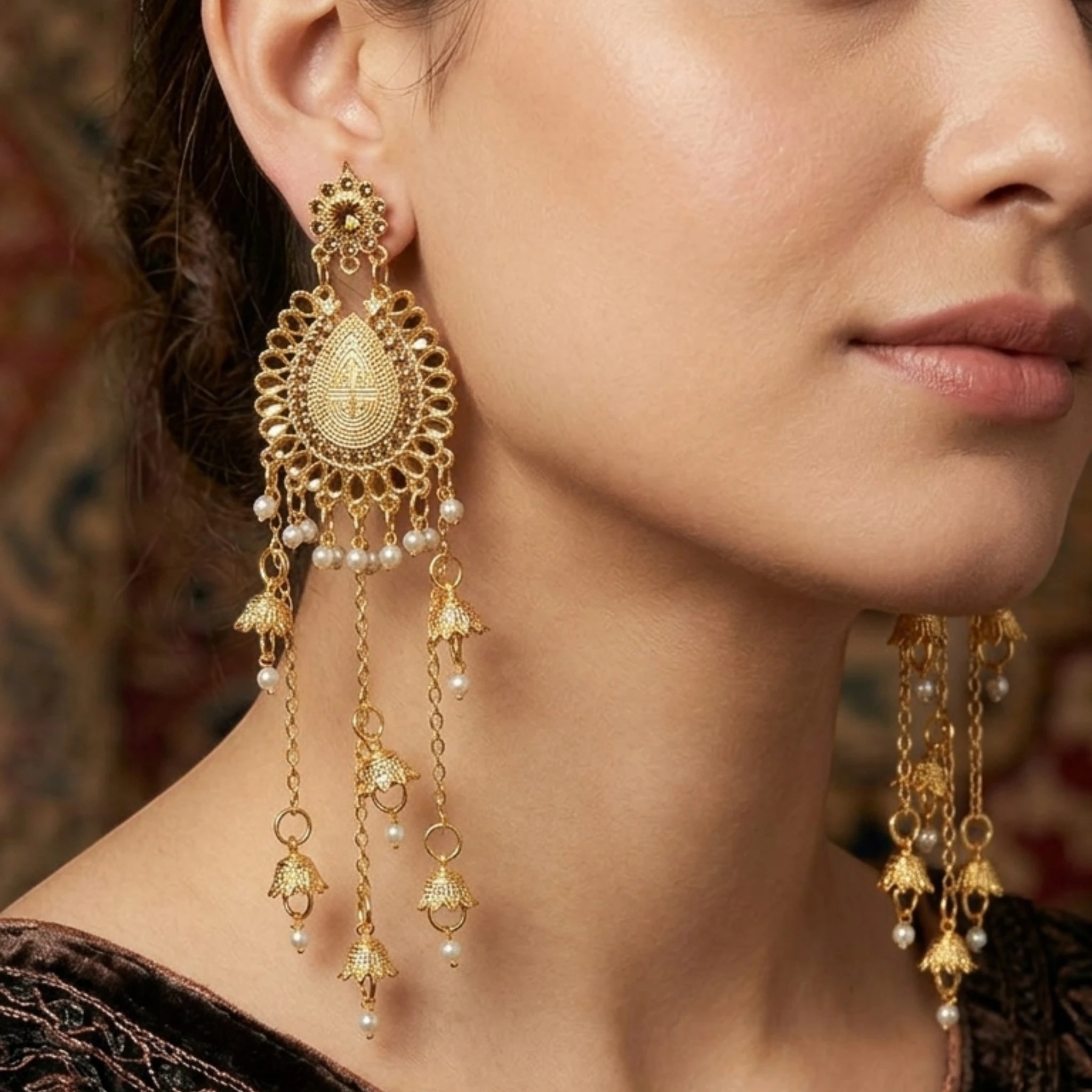 Gold Paisley Jhumka Earrings for Women – Long Chandelier Earrings with Pearl Drops | Pakistani Bridal & Party Jewellery - Image 2