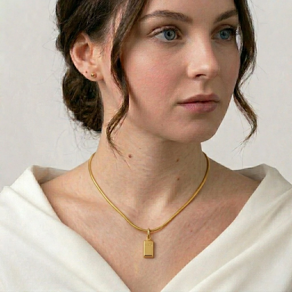 Gold Bar Pendant Necklace – 3D Ingot Charm on Snake Chain | Unisex Minimalist Statement Necklace - Image 2