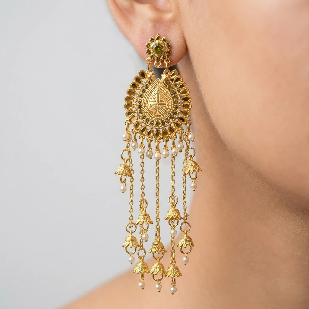 Gold Paisley Jhumka Earrings for Women – Long Chandelier Earrings with Pearl Drops | Pakistani Bridal & Party Jewellery - Image 3