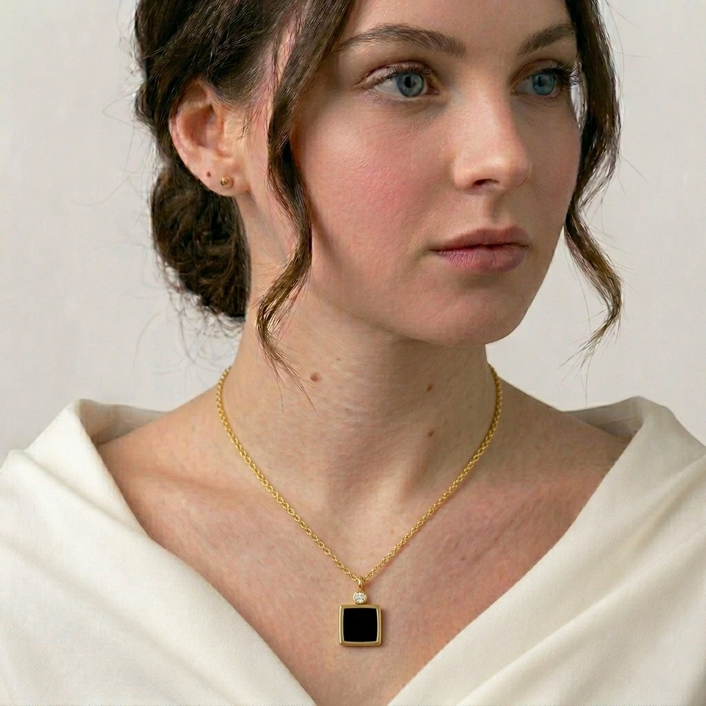 Gold Black Onyx Necklace for Women – Square Pendant with Zirconia Accent | Minimalist Statement Necklace - Image 2