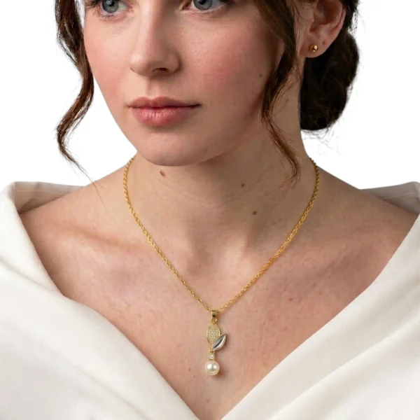 Gold Leaf Pearl Pendant Necklace – Two Tone Cubic Zirconia Leaf with Pearl Drop | Elegant Women’s Necklace