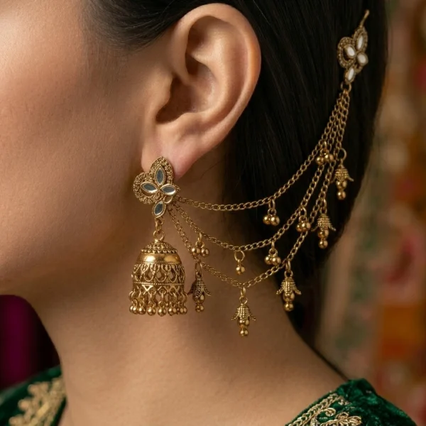 Gold Jhumka Earrings for Women – Traditional Dome Earrings with Chain Tassels | Pakistani Bridal & Festive Jewellery