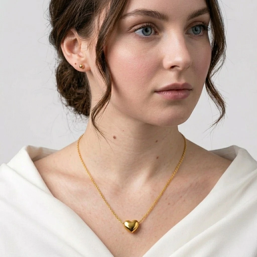 Gold Heart Necklace for Women – Puffed Heart Pendant on Box Chain | Minimalist Romantic Necklace - Image 2