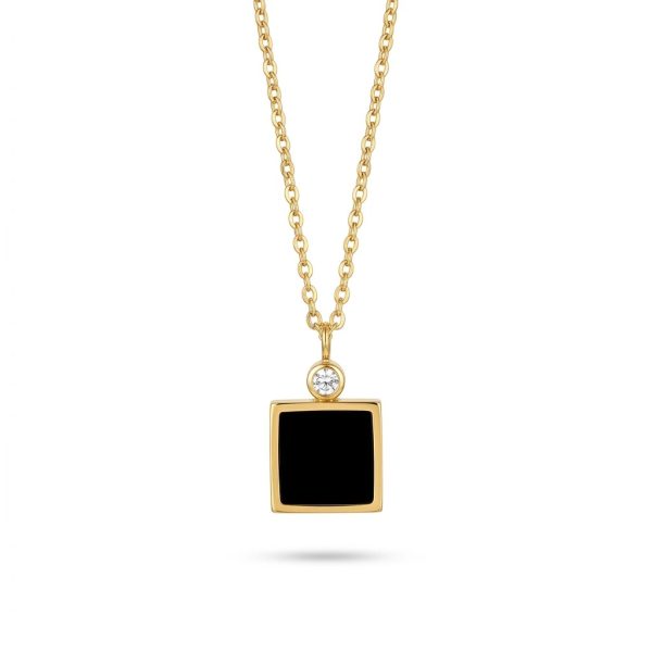 Gold Black Onyx Necklace for Women – Square Pendant with Zirconia Accent | Minimalist Statement Necklace