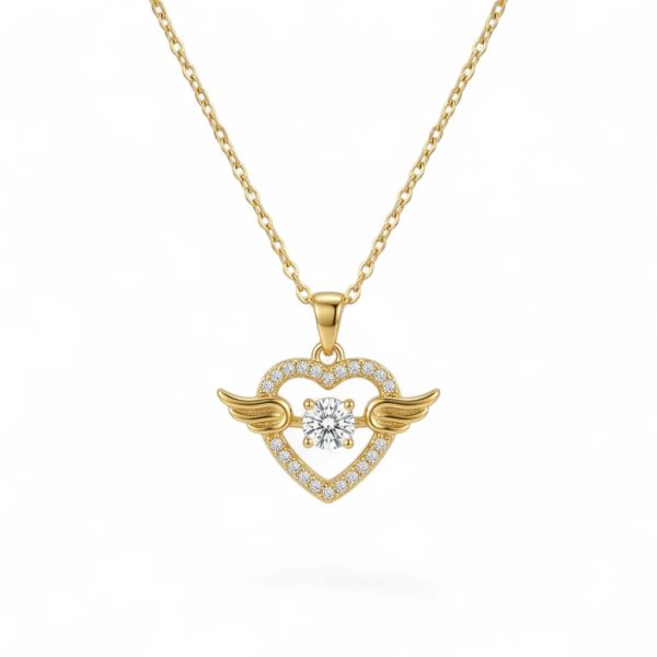 Angel Wing Heart Necklace Gold – Pavé CZ Open Heart with Solitaire Centre | Women’s Romantic Pendant Necklace