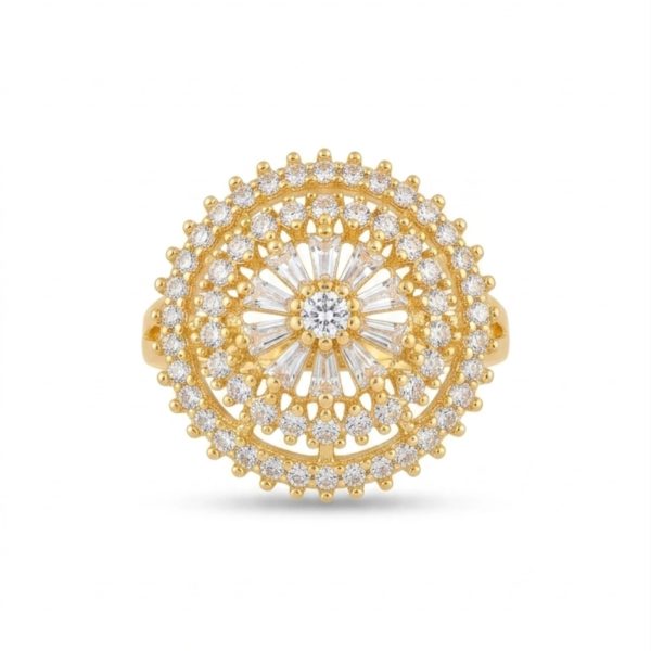 Sunburst Mandala Ring Gold – Baguette & Pavé CZ Cocktail Ring | Women’s Luxury Statement Ring