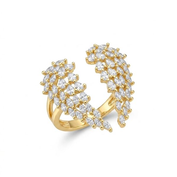 Double Feather Open Cuff Ring Gold – Marquise & Pear CZ Statement Ring | Women’s Luxury Bypass Ring