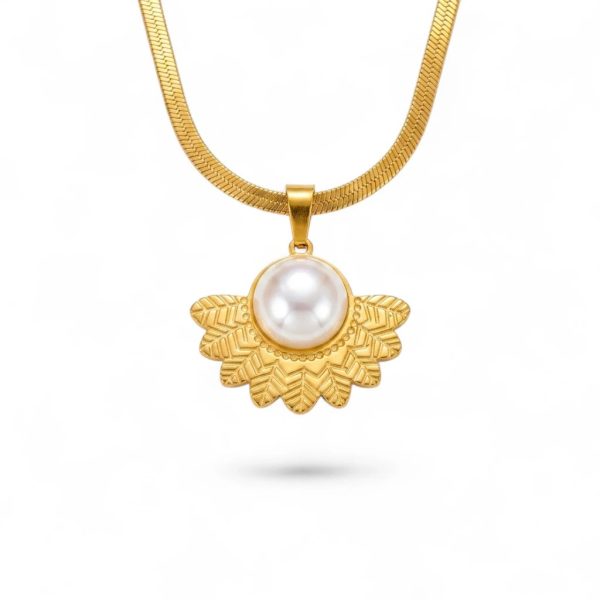 Gold Pearl Sunburst Necklace – Art Deco Fan Pendant on Herringbone Chain | Statement Necklace Women