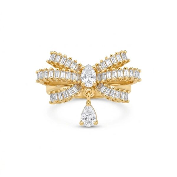 Butterfly Bow Ring Gold – Baguette CZ Wings with Pear Drop Charm | Women’s Luxury Statement Ring