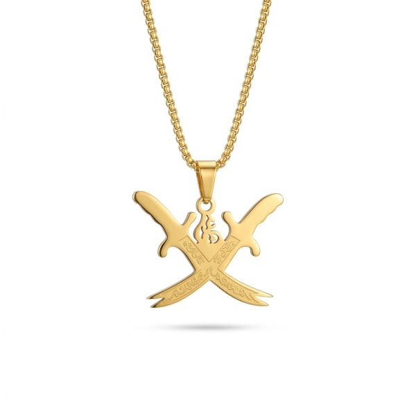 Zulfiqar Double Cross Sword Pendant – Gold Islamic Calligraphy Necklace | Ya Ali Sword Jewellery for Men