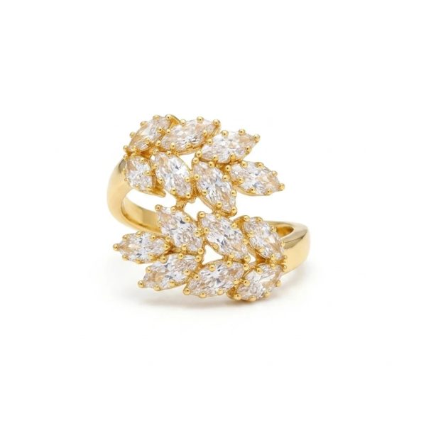 Double Leaf Cluster Ring – Gold Statement Ring with Marquise White CZ Stones | Women’s Bridal Jewellery