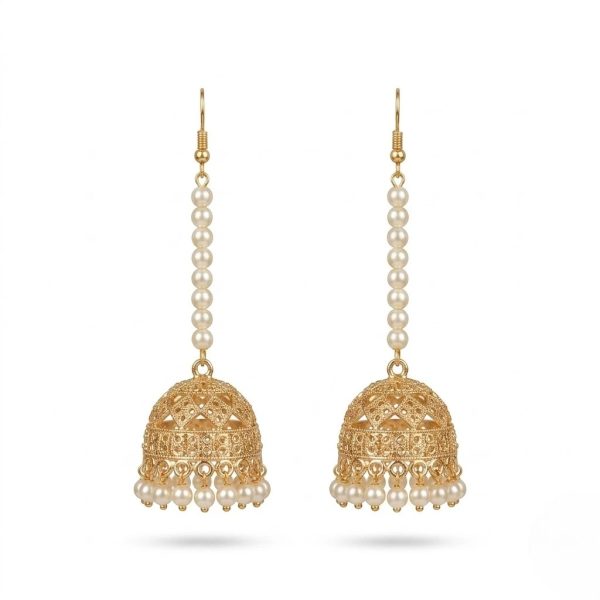 Ethnic Pearl Jhumka Earrings for Women – Gold Dome Shaped Long Drop Earrings | Traditional Pakistani Jewellery
