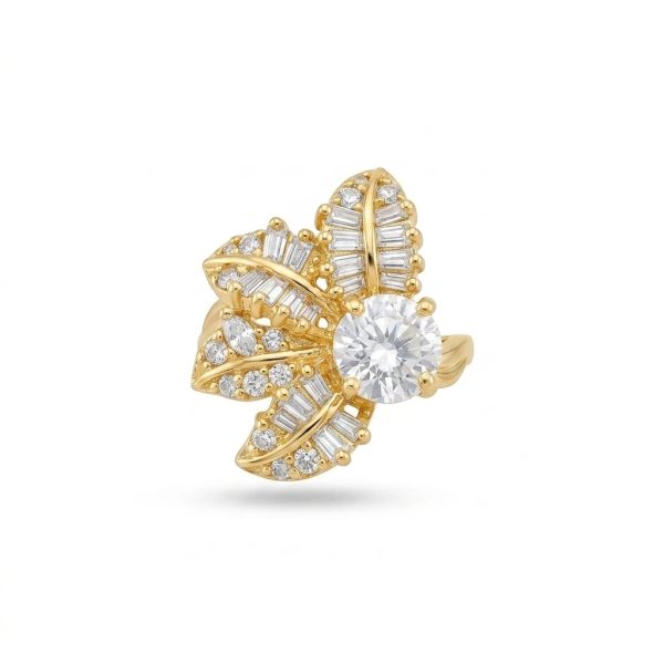 Floral Leaf Solitaire Ring Gold – Large Round CZ Centre with Baguette & Pavé Leaf Setting | Women’s Bridal Statement Ring