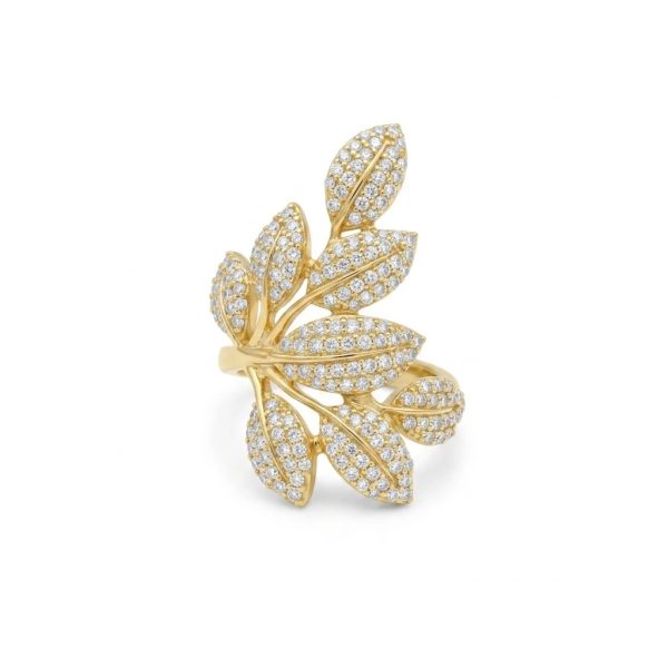 Full Leaf Sprig Ring Gold – Pavé CZ Botanical Statement Ring | Women’s Luxury Nature-Inspired Ring