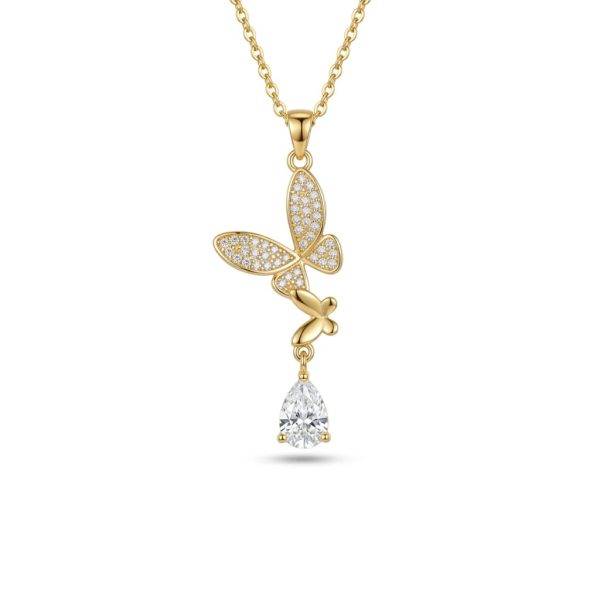 Gold Butterfly Necklace for Women – Double Butterfly Pendant with Teardrop Zirconia | Delicate Chain Necklace