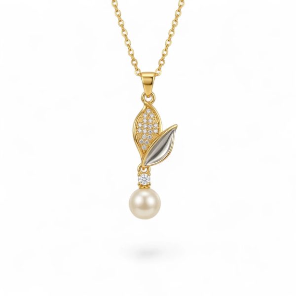 Gold Leaf Pearl Pendant Necklace – Two Tone Cubic Zirconia Leaf with Pearl Drop | Elegant Women’s Necklace