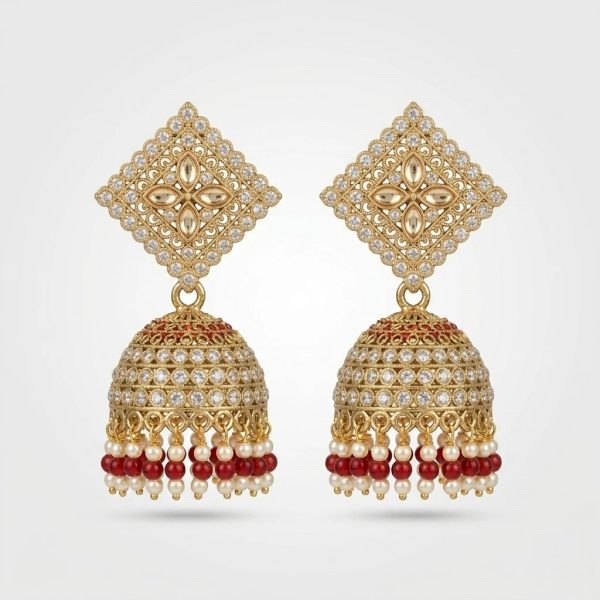 Gold Kundan Jhumka Earrings – Diamond Stud with Red Pearl Drops | Bridal Statement Earrings Pakistan